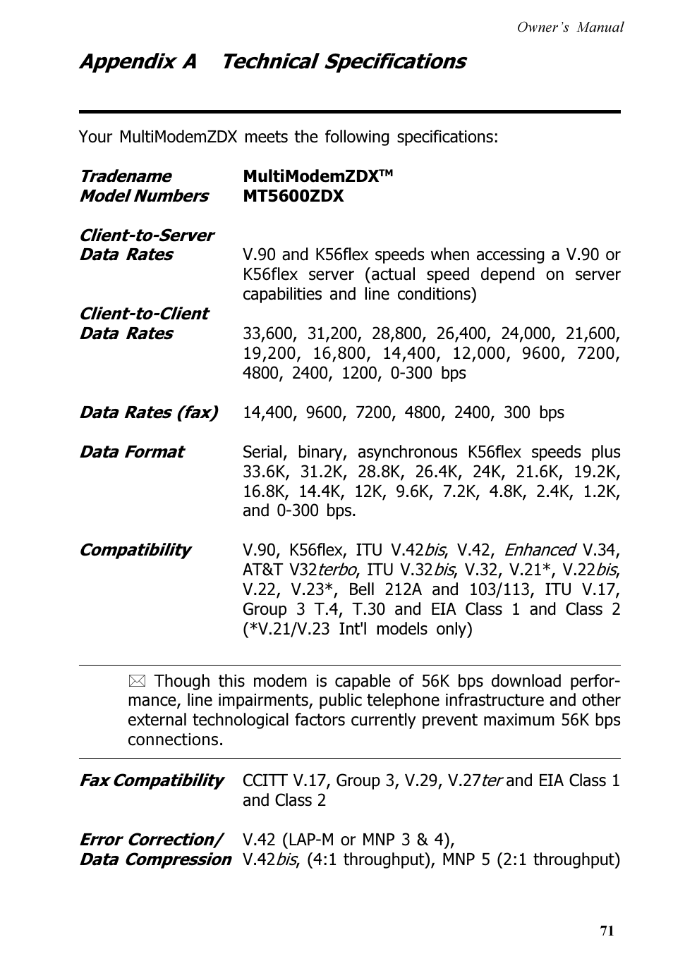 Appendix a technical specifications | Multi-Tech Systems MT5600ZDX User Manual | Page 71 / 84