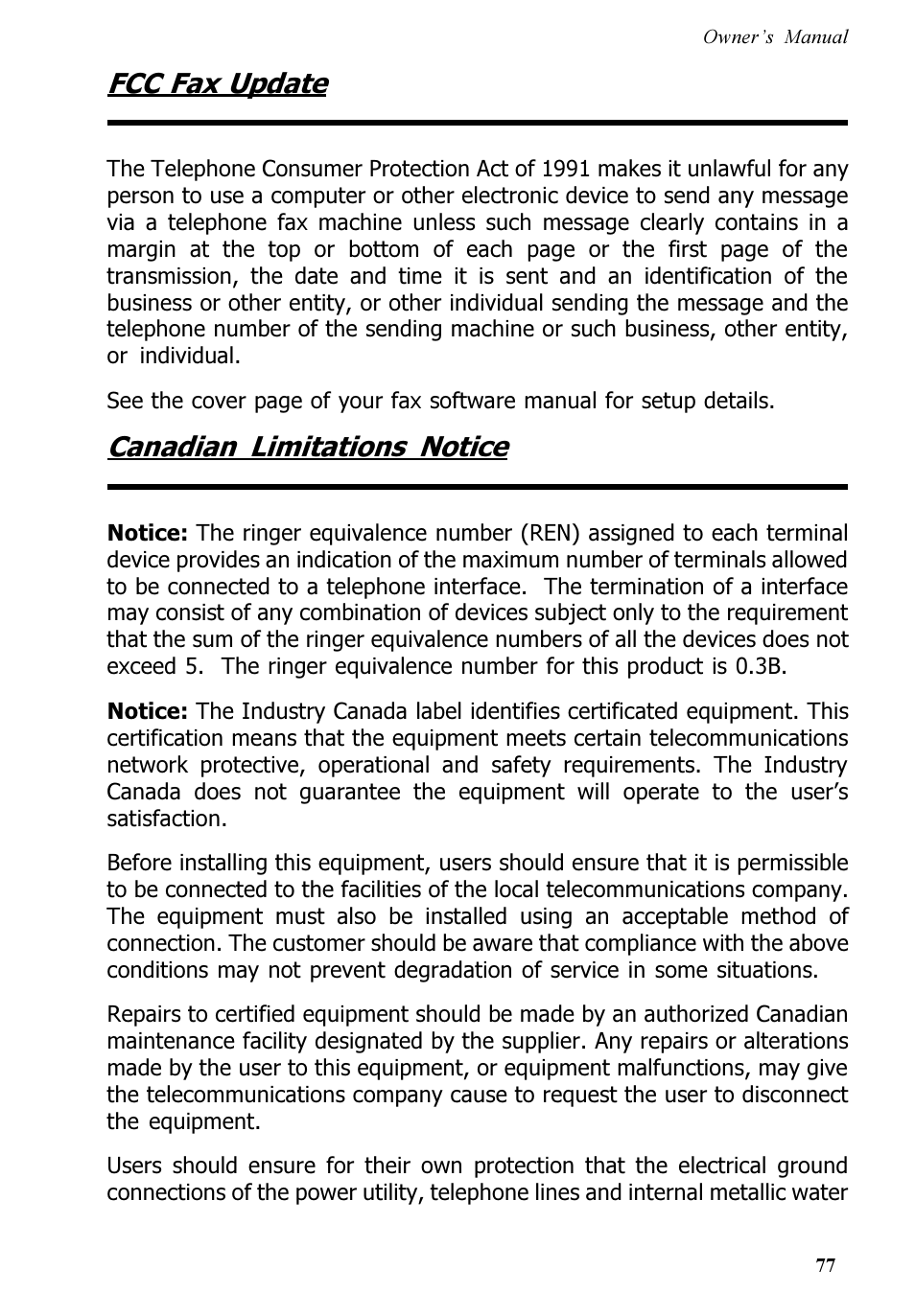 Fcc fax update, Canadian limitations notice | Multi-Tech Systems MT5600ZDX User Manual | Page 77 / 84
