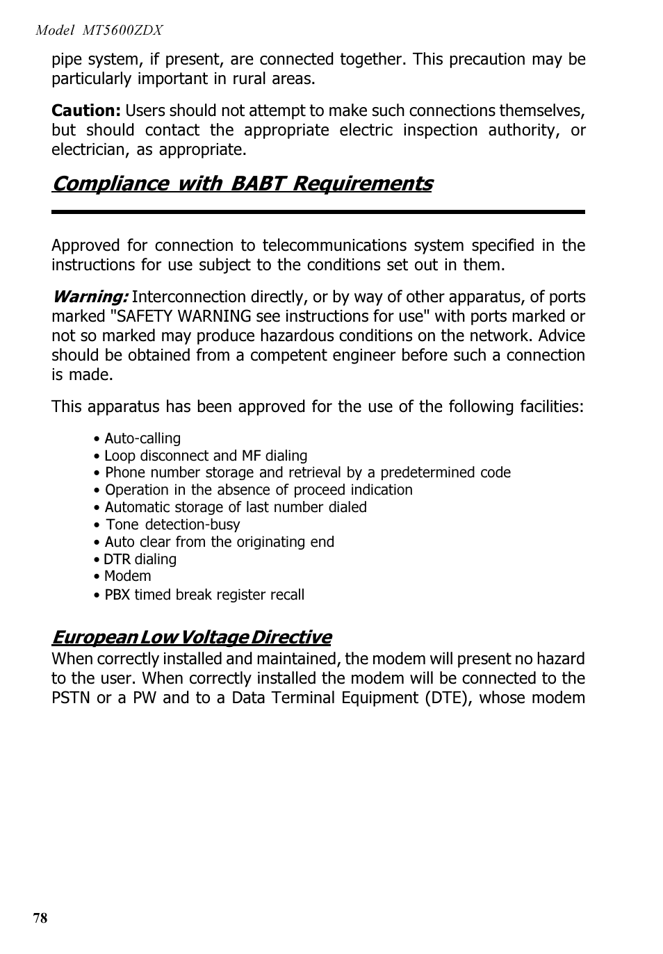 Compliance with babt requirements | Multi-Tech Systems MT5600ZDX User Manual | Page 78 / 84
