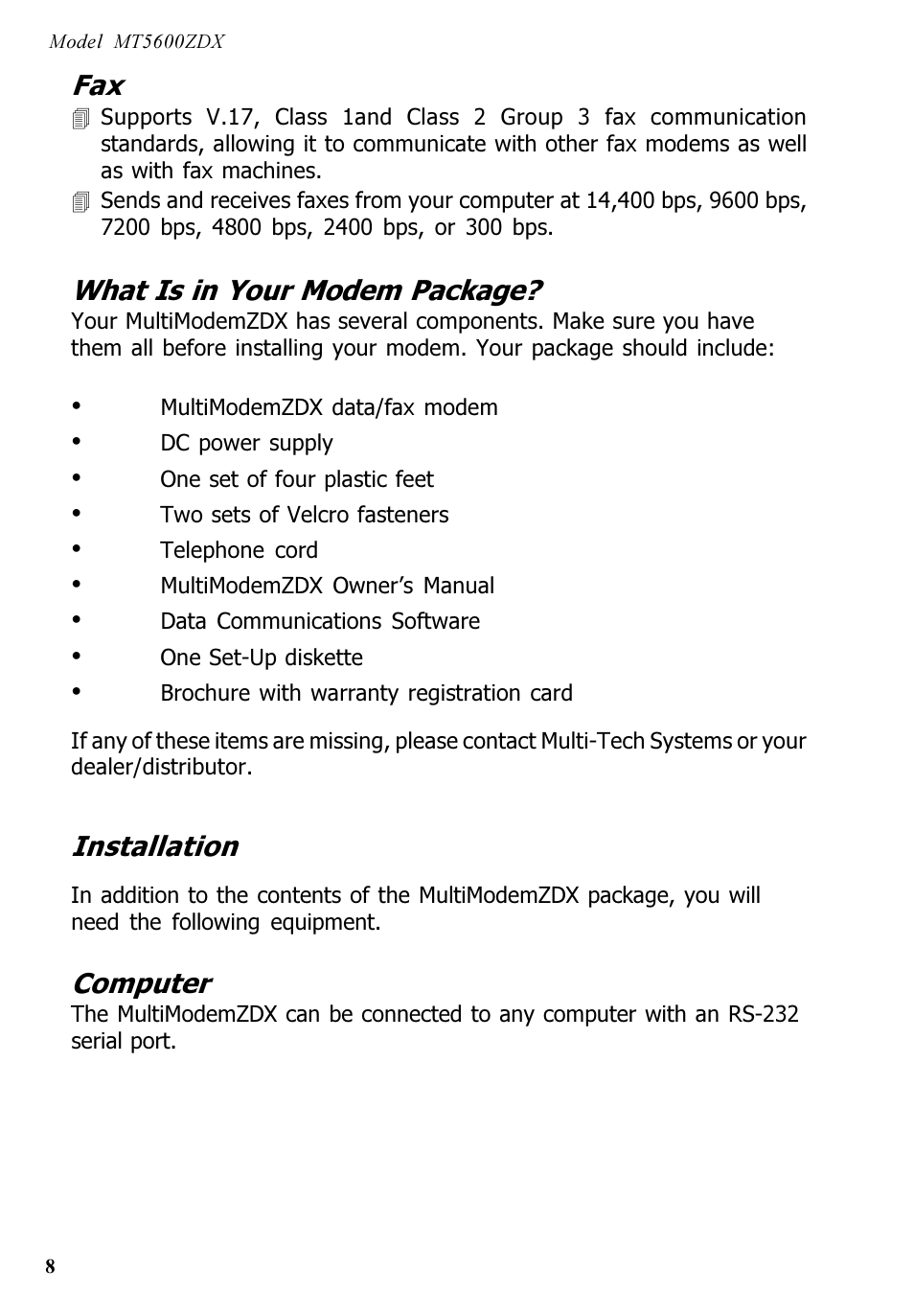 Multi-Tech Systems MT5600ZDX User Manual | Page 8 / 84