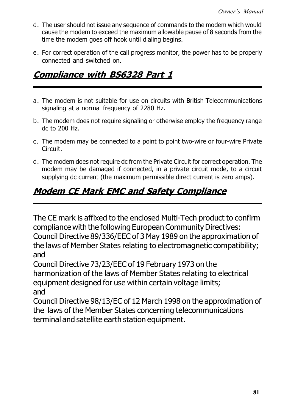 Modem ce mark emc and safety compliance | Multi-Tech Systems MT5600ZDX User Manual | Page 81 / 84