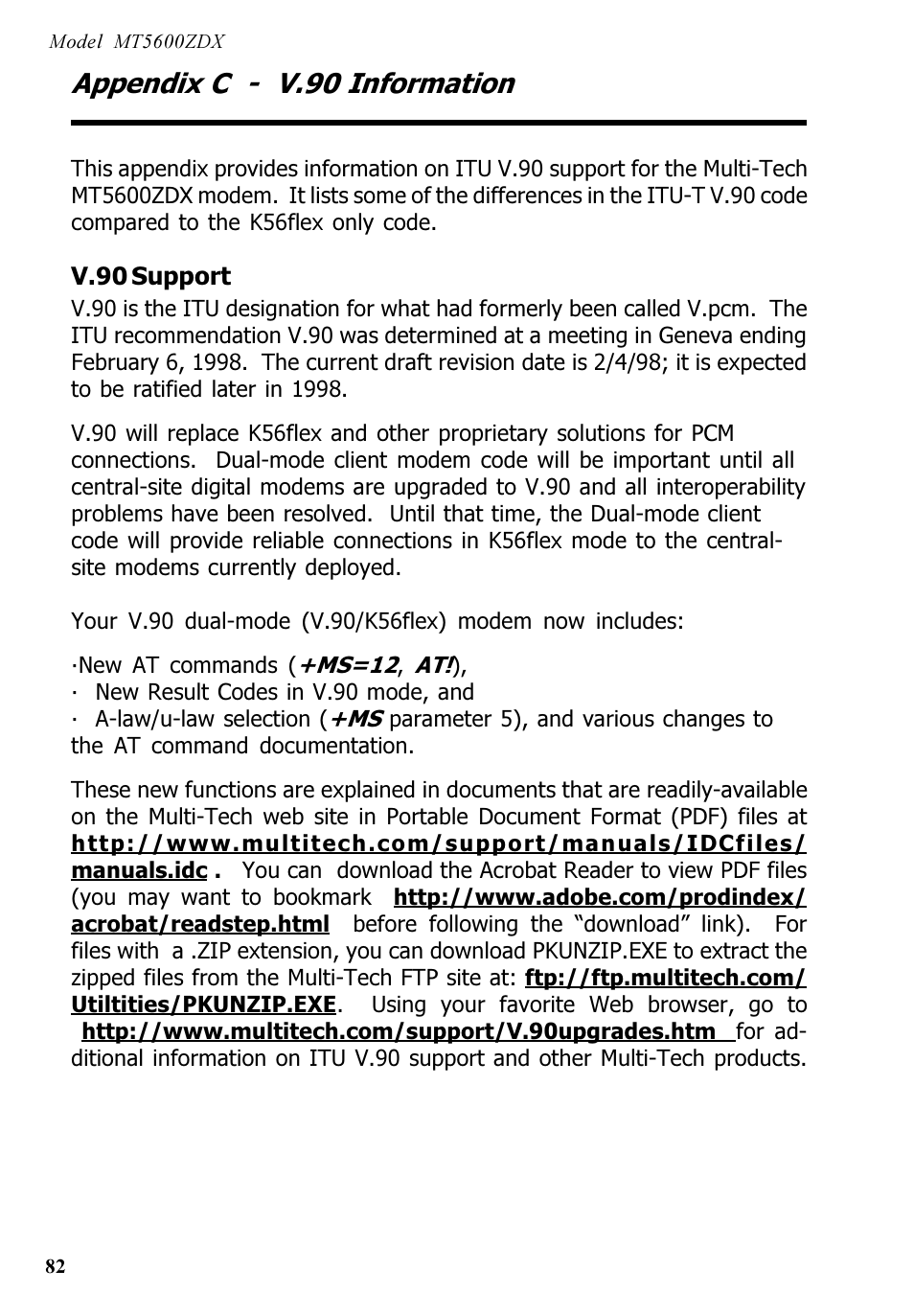 Appendix c - v.90 information | Multi-Tech Systems MT5600ZDX User Manual | Page 82 / 84