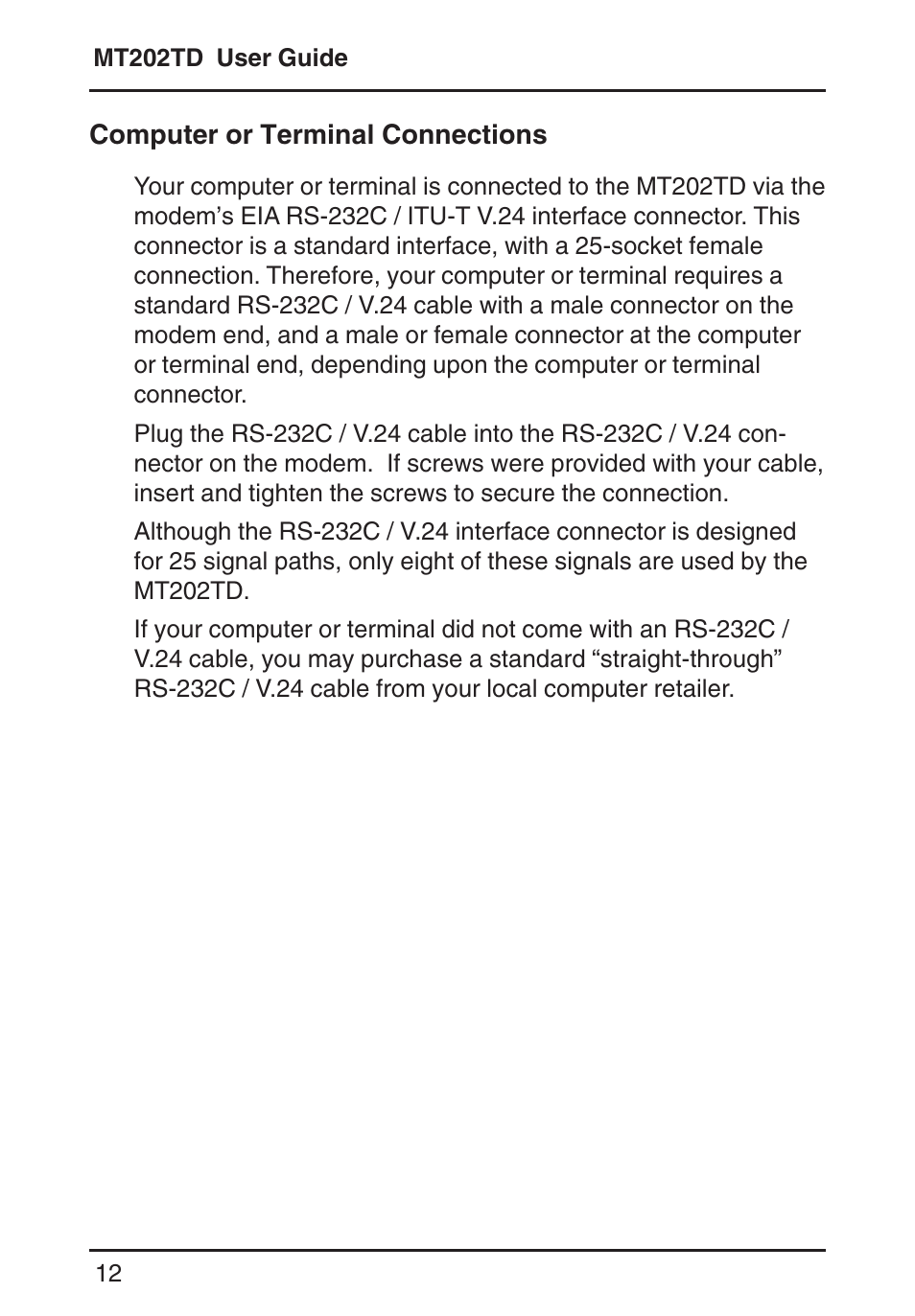 Computer or terminal connections, Ccitt v.24 interface connector, Computer connections | Multi-Tech Systems MT202TD 1200 User Manual | Page 12 / 28