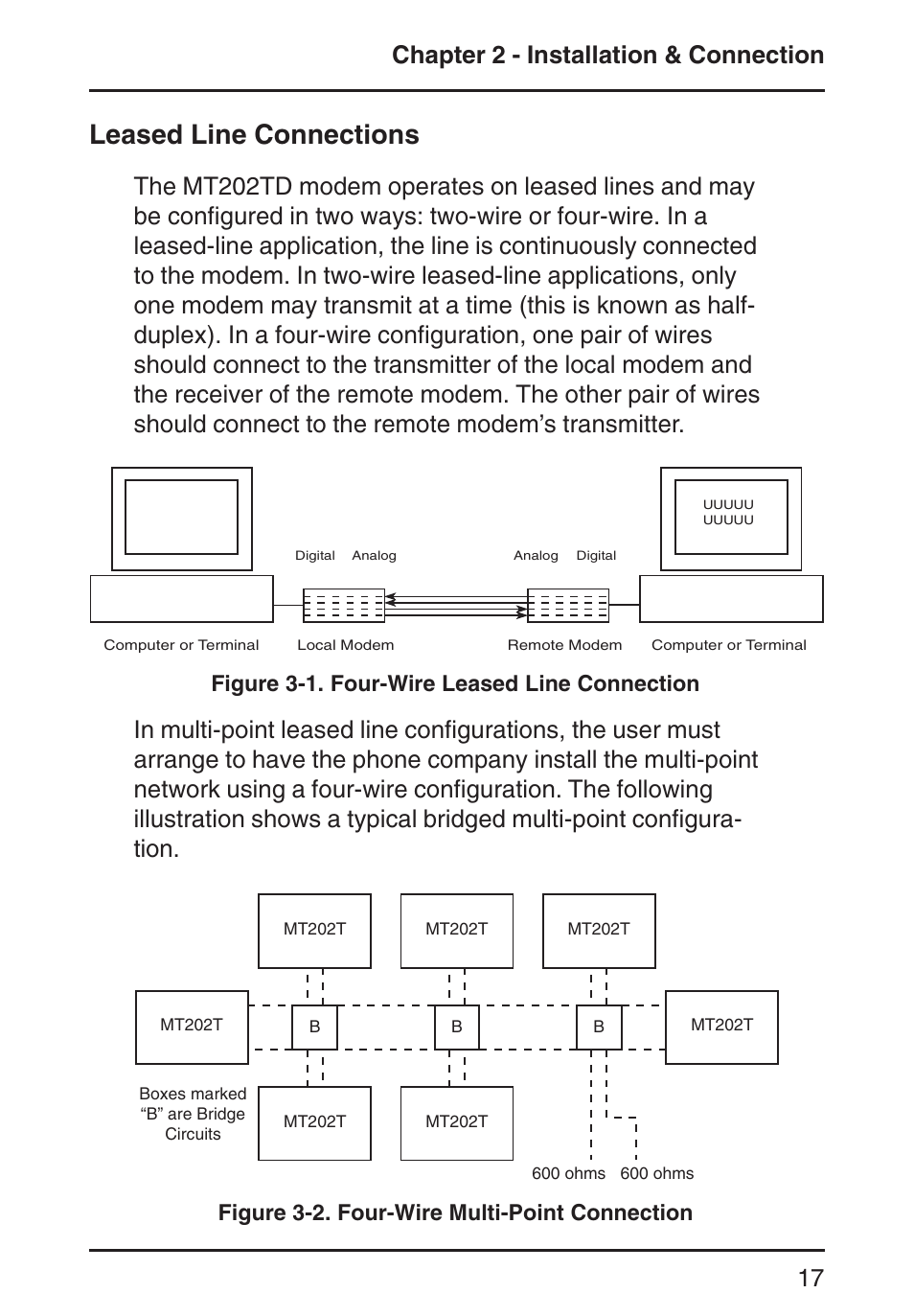 Leased line connections, Four-wire leased line connection, Four-wire multi-point connection | Chapter 3 - modem testing, Chapter 2 - installation & connection 17, Figure 3-1. four-wire leased line connection, Figure 3-2. four-wire multi-point connection | Multi-Tech Systems MT202TD 1200 User Manual | Page 17 / 28