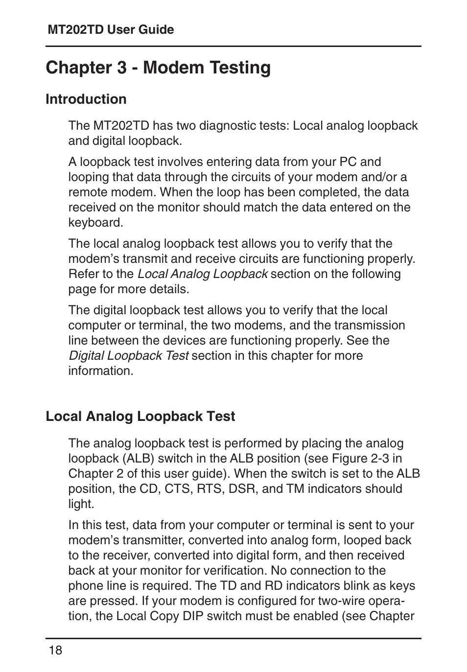 Chapter 3 - modem testing, Introduction, Local analog loopback test | Analog loopback, Modem testing, Introduction local analog loopback test | Multi-Tech Systems MT202TD 1200 User Manual | Page 18 / 28