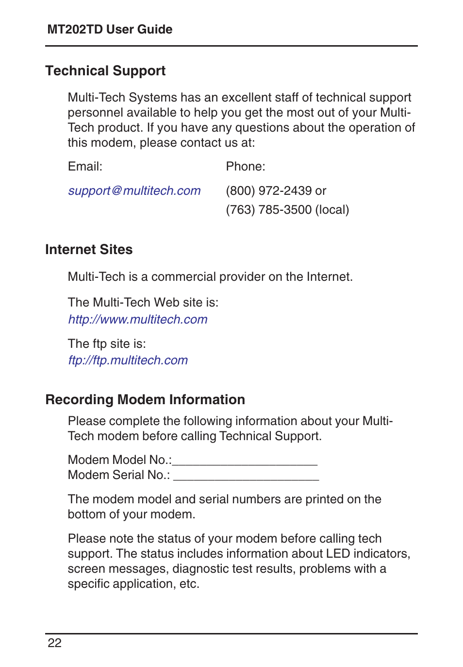 Technical support, Internet sites, Recording modem information | Internet addresses, Multi-tech internet sites | Multi-Tech Systems MT202TD 1200 User Manual | Page 22 / 28