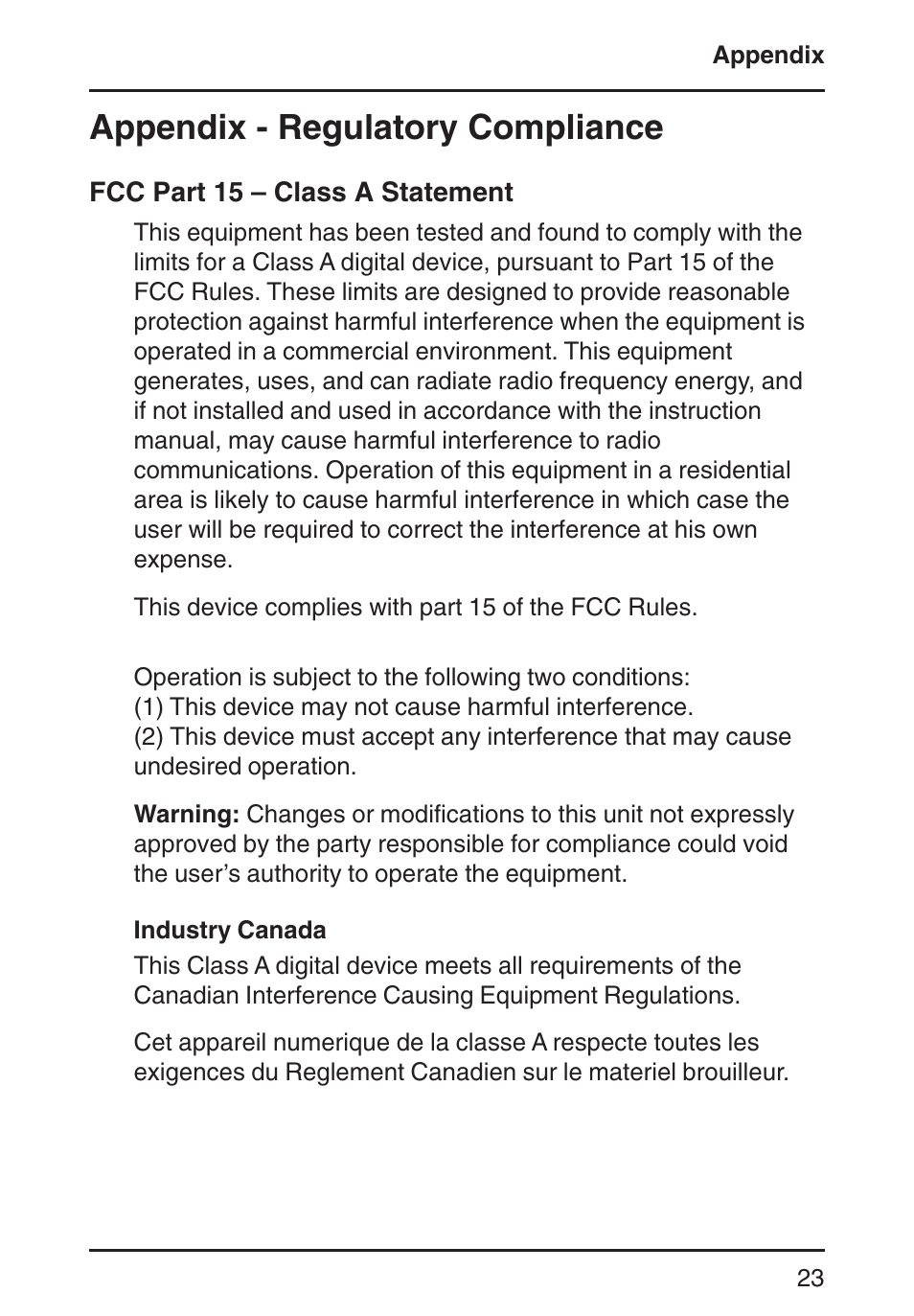 Appendix - regulatory compliance, Fcc part 15 - class a statement | Multi-Tech Systems MT202TD 1200 User Manual | Page 23 / 28
