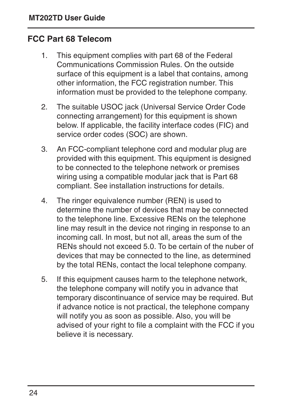 Fcc part 68 telecom, Fcc regulations | Multi-Tech Systems MT202TD 1200 User Manual | Page 24 / 28