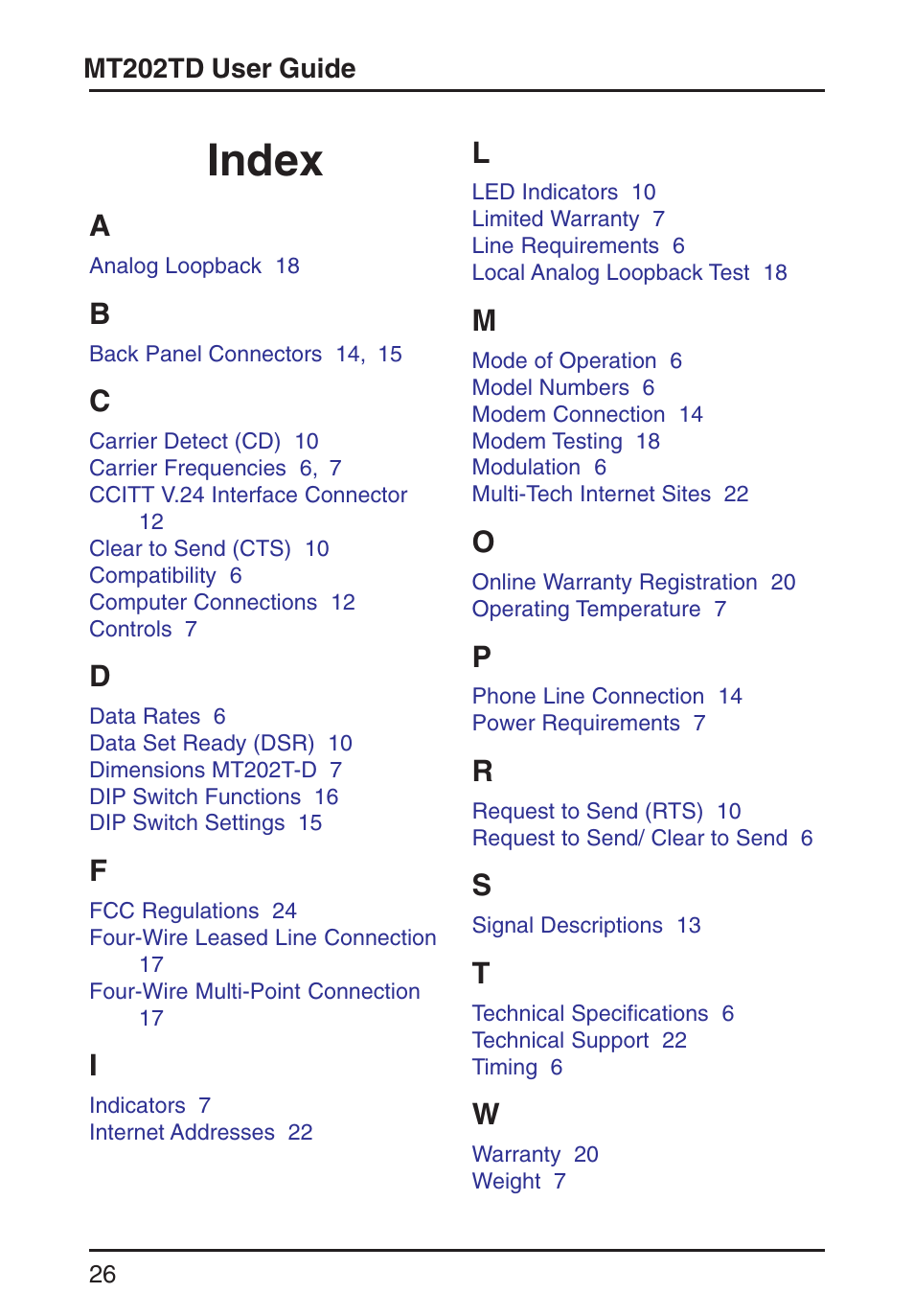 Index | Multi-Tech Systems MT202TD 1200 User Manual | Page 26 / 28
