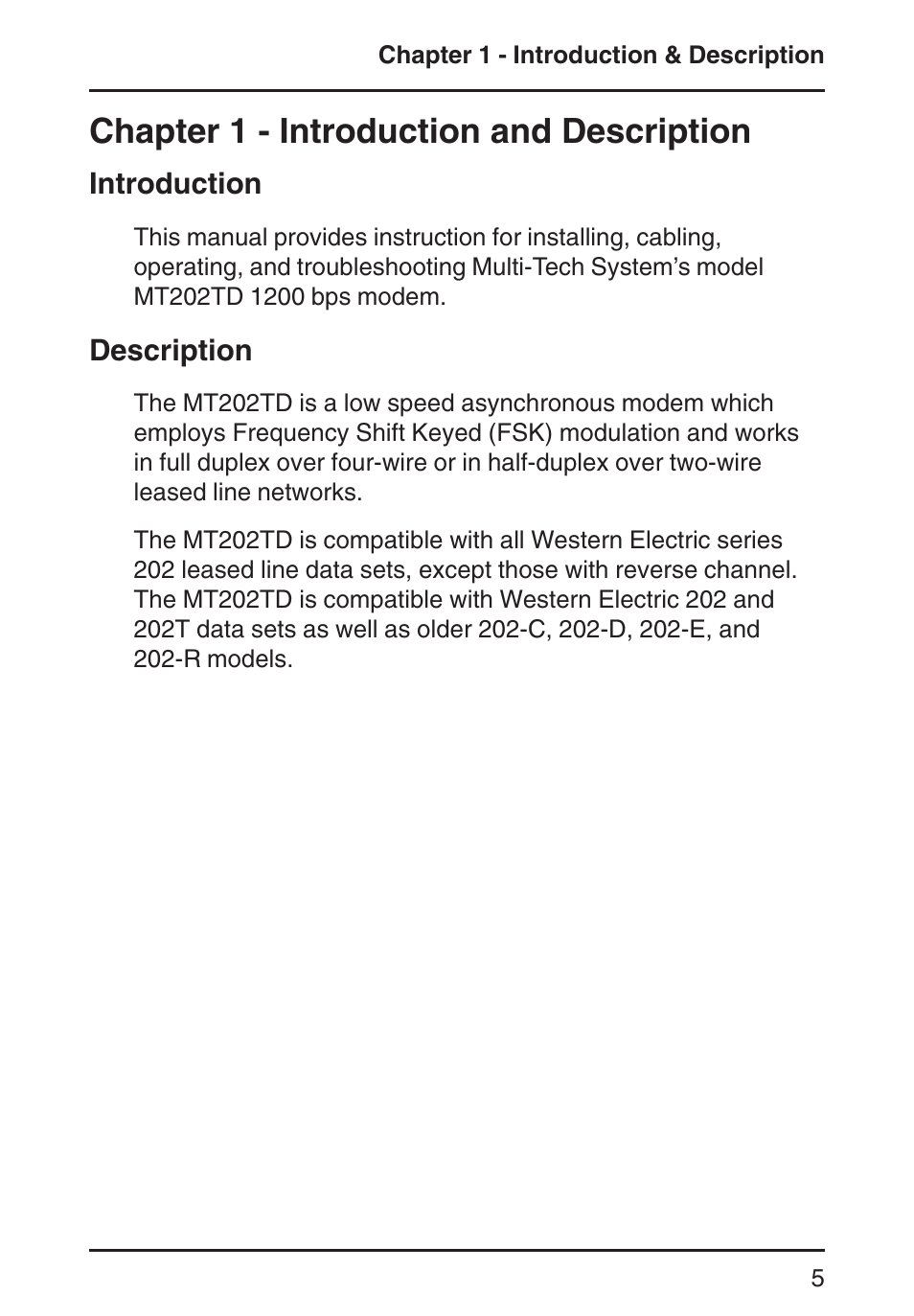 Chapter 1 - introduction and description, Introduction, Description | Multi-Tech Systems MT202TD 1200 User Manual | Page 5 / 28