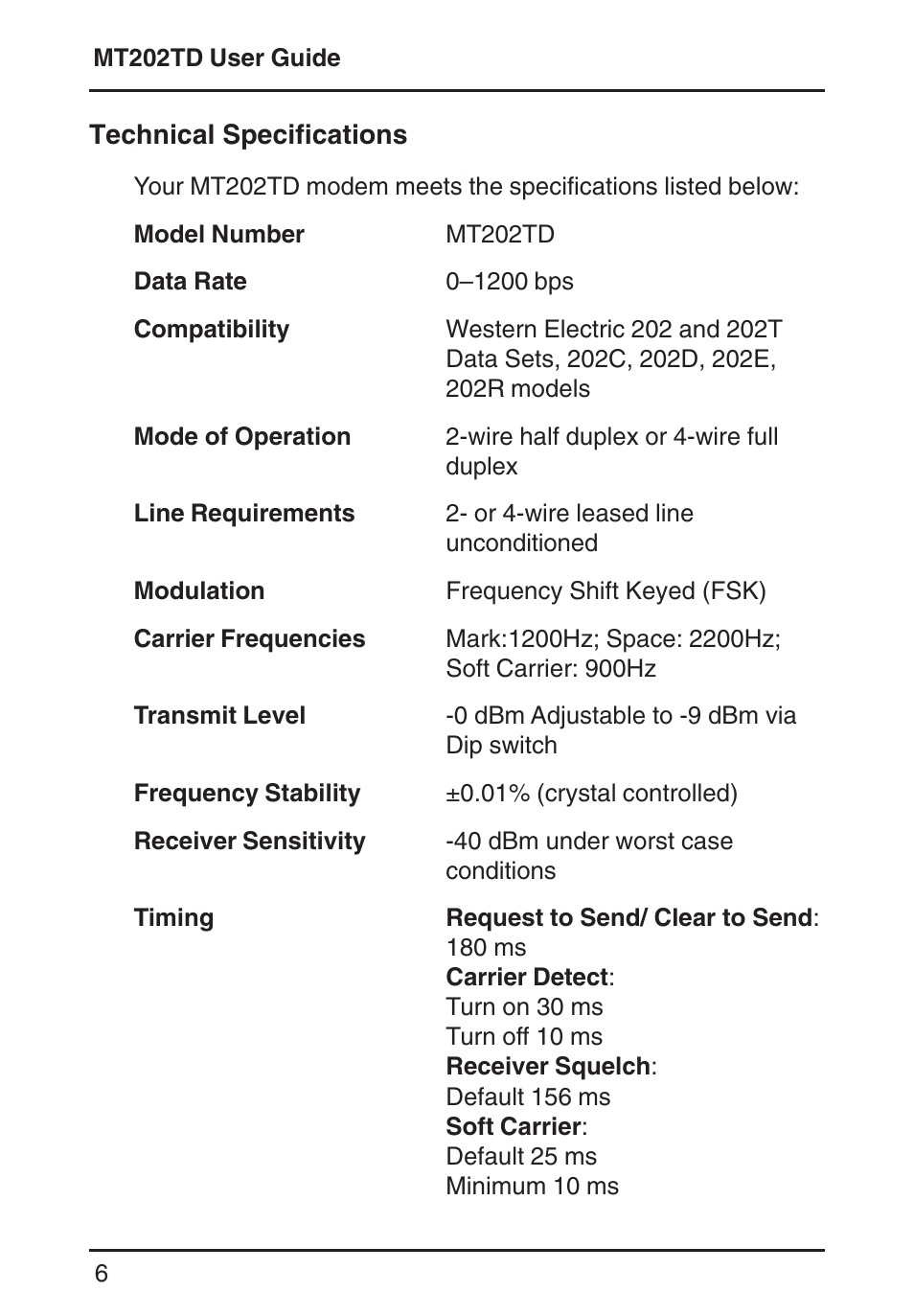 Technical specifications, Carrier frequencies, Compatibility | Data rates, Line requirements, Mode of operation, Model numbers, Modulation, Request to send/ clear to send, Timing | Multi-Tech Systems MT202TD 1200 User Manual | Page 6 / 28