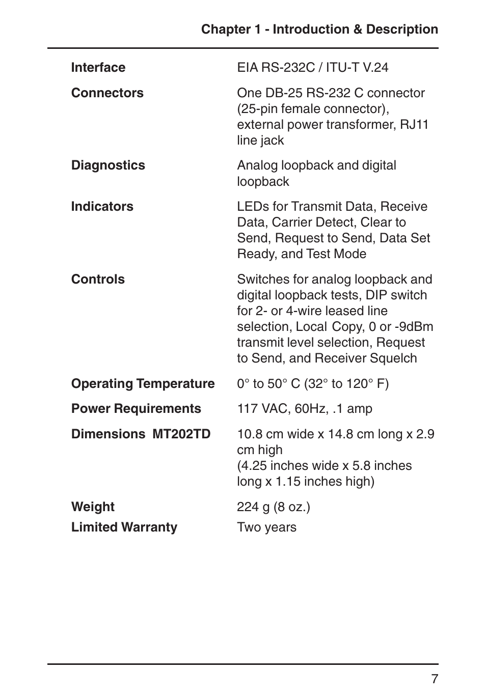 Controls, Dimensions mt202t-d, Indicators | Limited warranty, Operating temperature, Power requirements, Weight | Multi-Tech Systems MT202TD 1200 User Manual | Page 7 / 28
