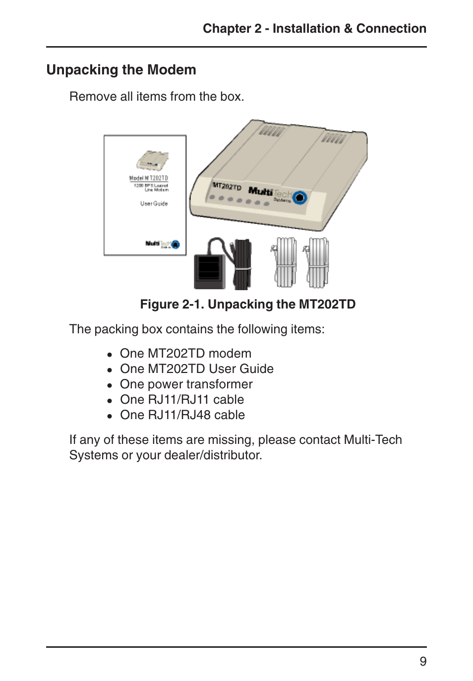 Unpacking the modem | Multi-Tech Systems MT202TD 1200 User Manual | Page 9 / 28
