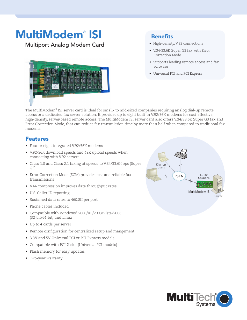 Multi-Tech Systems Multiport Analog Modem Card MultiModem ISI User Manual | 2 pages