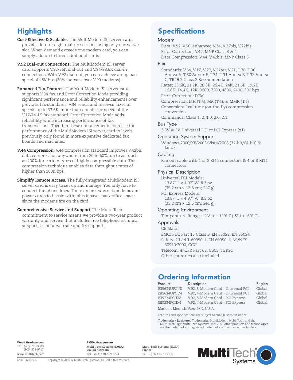 Highlights, Ordering information, Specifications | Multi-Tech Systems Multiport Analog Modem Card MultiModem ISI User Manual | Page 2 / 2