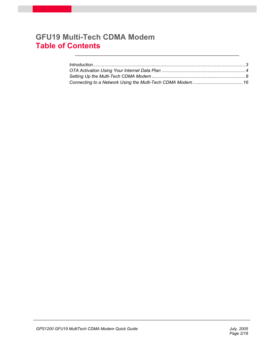 Gfu19 multi-tech cdma modem table of contents | Multi-Tech Systems GFU19 User Manual | Page 2 / 18