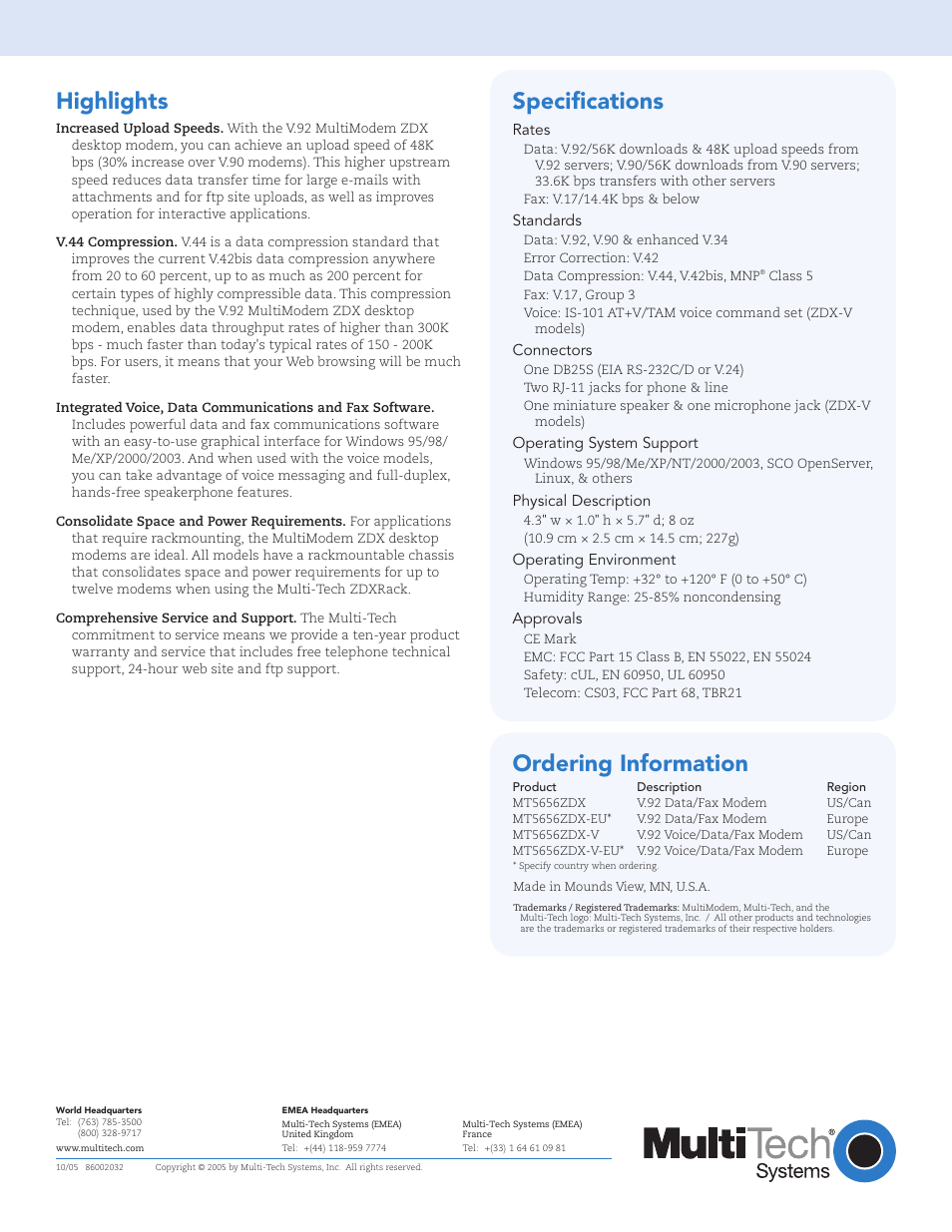 Highlights, Ordering information, Speciﬁcations | Multi-Tech Systems V.92 Desktop Modems MultiModem ZDX User Manual | Page 2 / 2