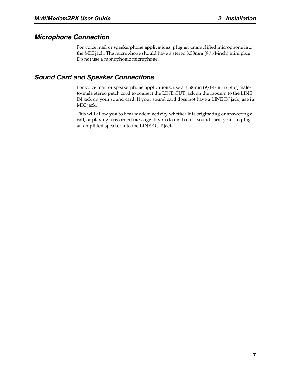Microphone connection, Sound card and speaker connections | Multi-Tech Systems MT5634ZPX-PCI-V92 User Manual | Page 12 / 85