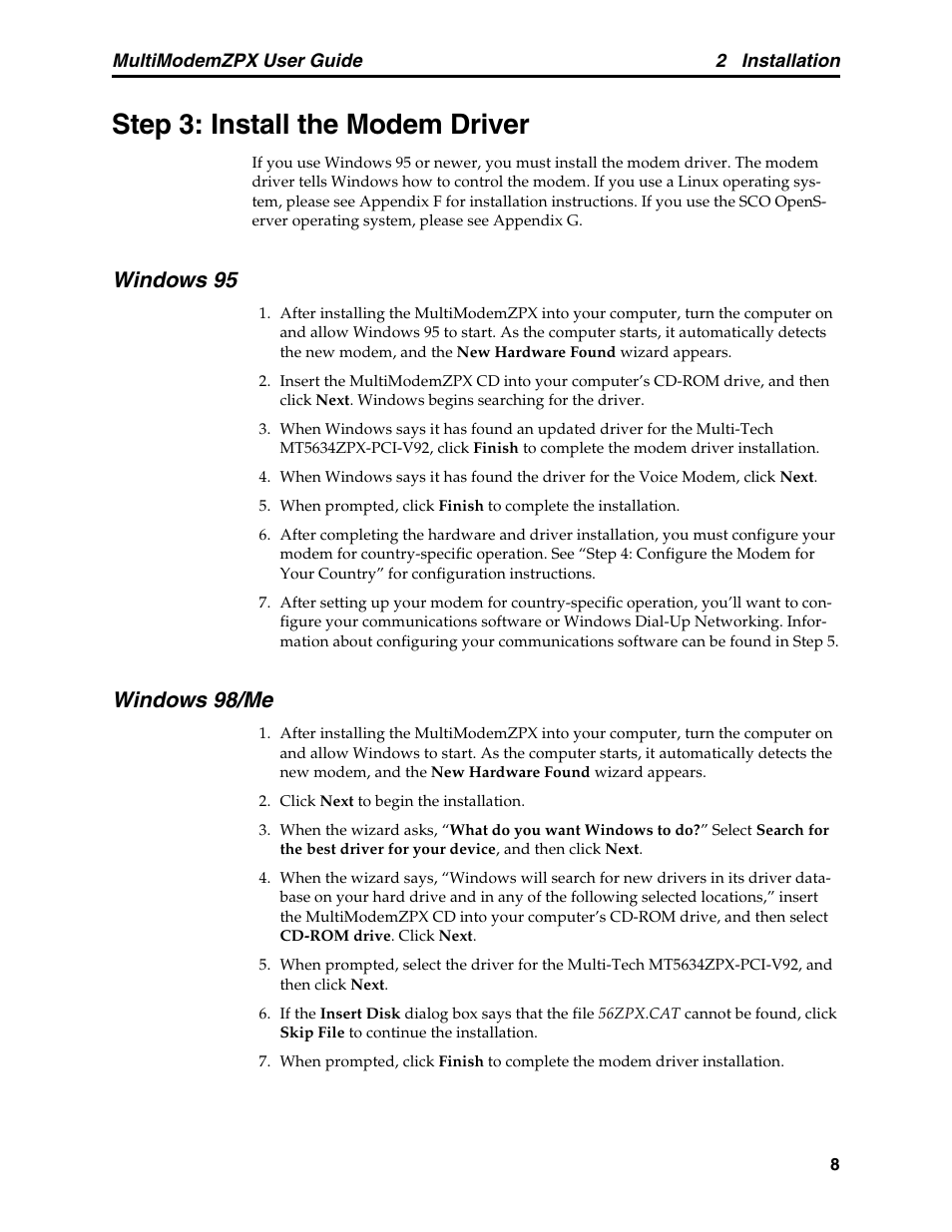Step 3: install the modem driver, Windows 95, Windows 98/me | Windows 95 windows 98/me | Multi-Tech Systems MT5634ZPX-PCI-V92 User Manual | Page 13 / 85
