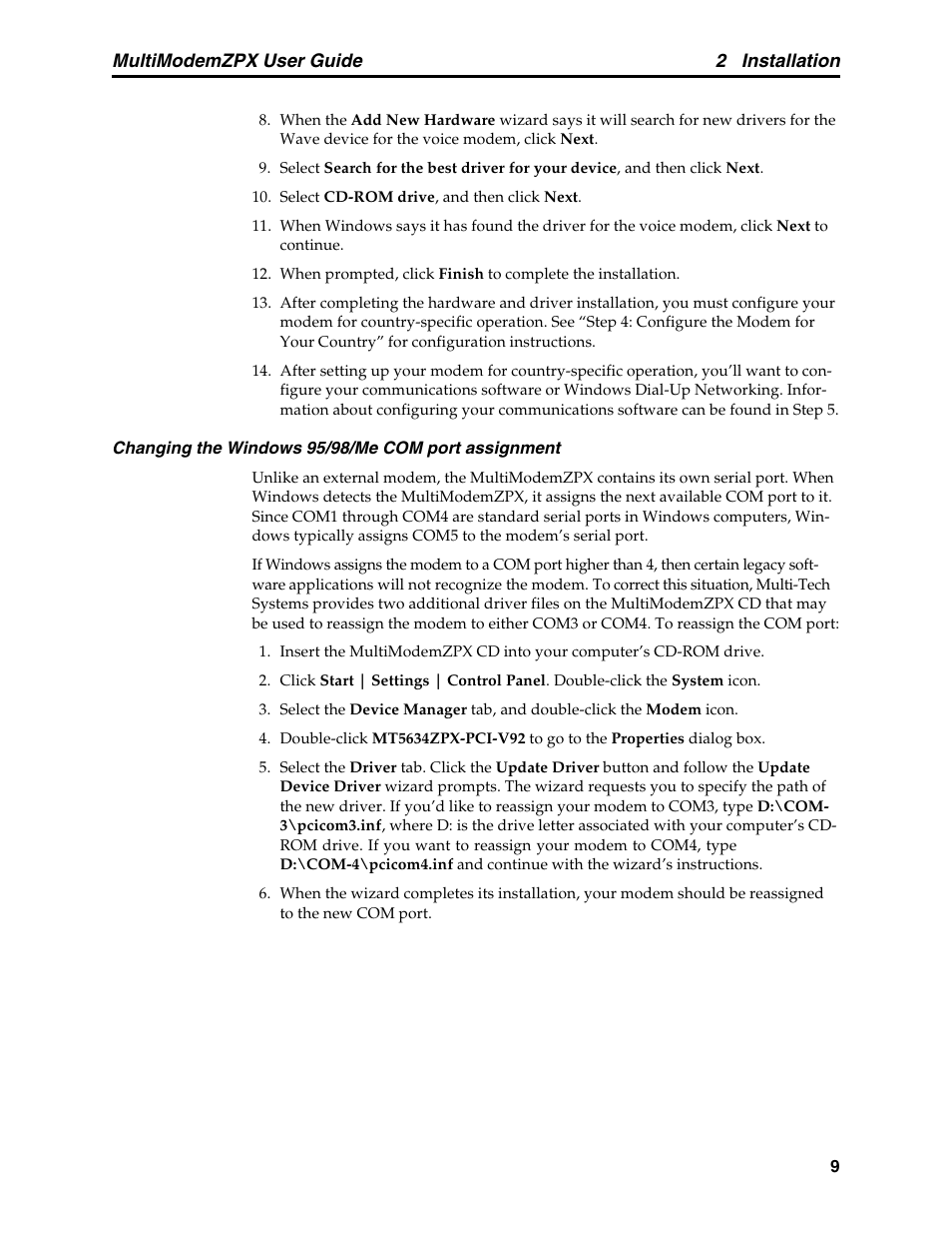 2 installation, Multimodemzpx user guide | Multi-Tech Systems MT5634ZPX-PCI-V92 User Manual | Page 14 / 85