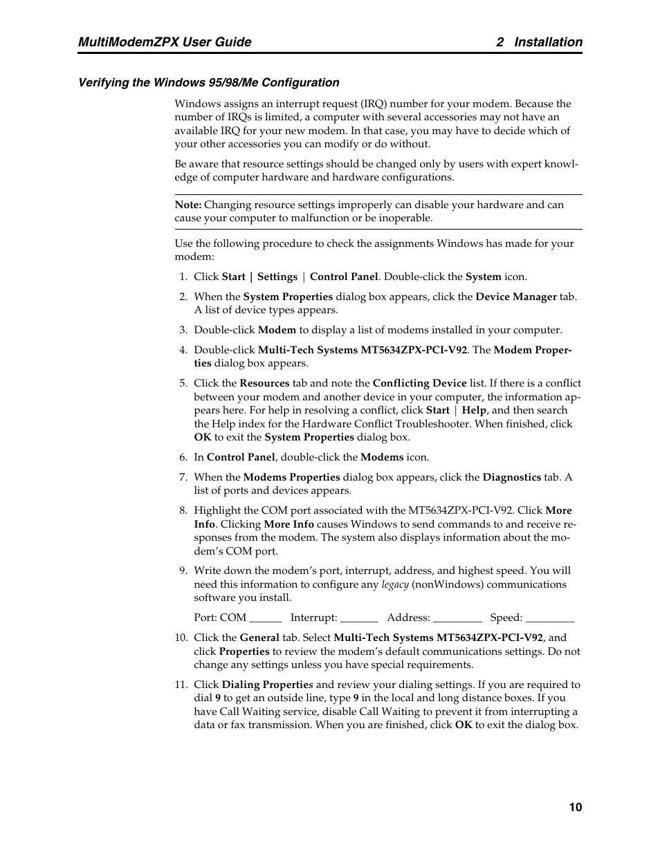 2 installation, Multimodemzpx user guide | Multi-Tech Systems MT5634ZPX-PCI-V92 User Manual | Page 15 / 85