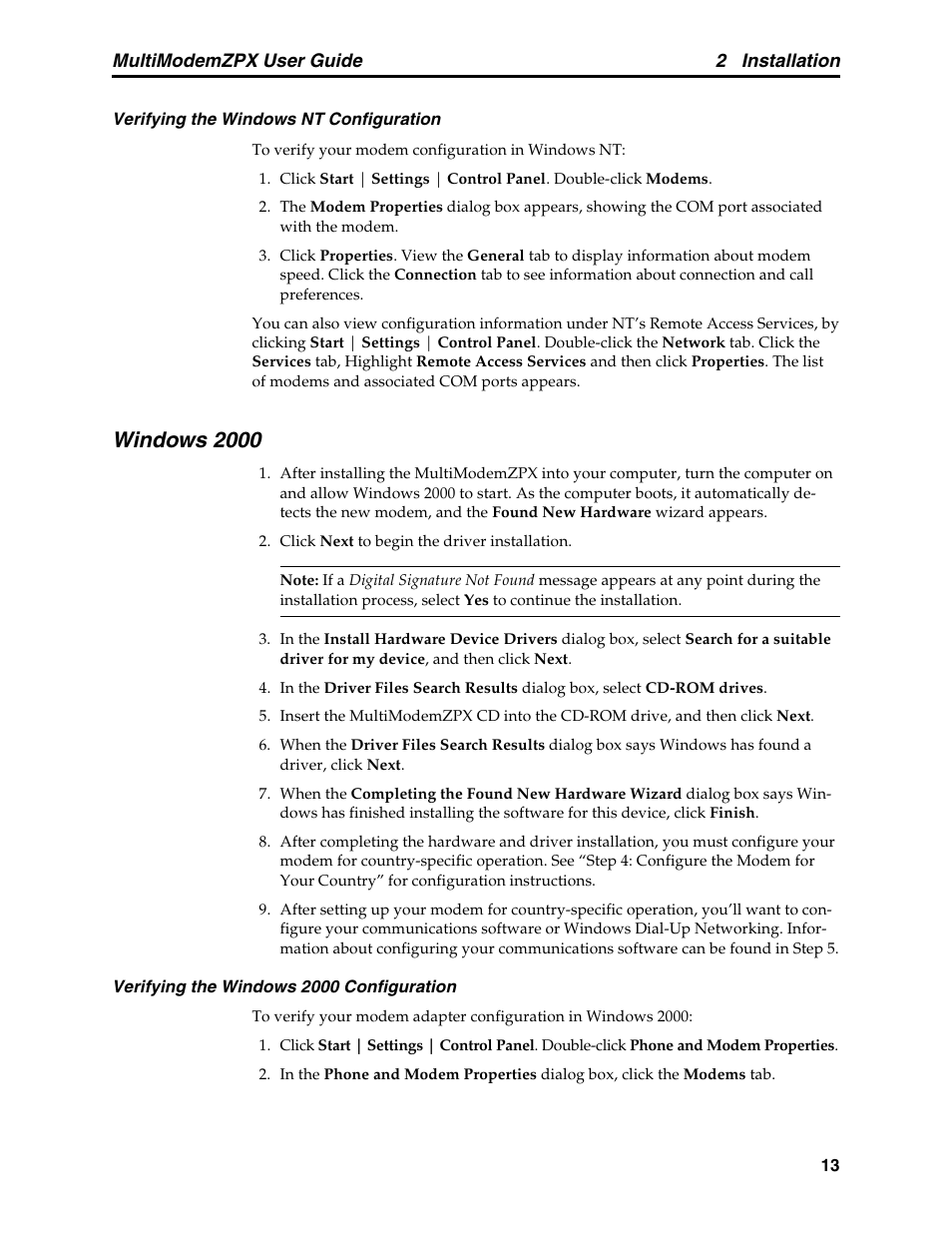 Windows 2000 | Multi-Tech Systems MT5634ZPX-PCI-V92 User Manual | Page 18 / 85
