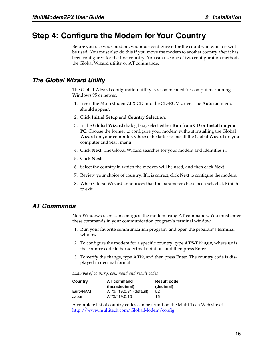 Step 4: configure the modem for your country, The global wizard utility, At commands | The global wizard utility at commands | Multi-Tech Systems MT5634ZPX-PCI-V92 User Manual | Page 20 / 85