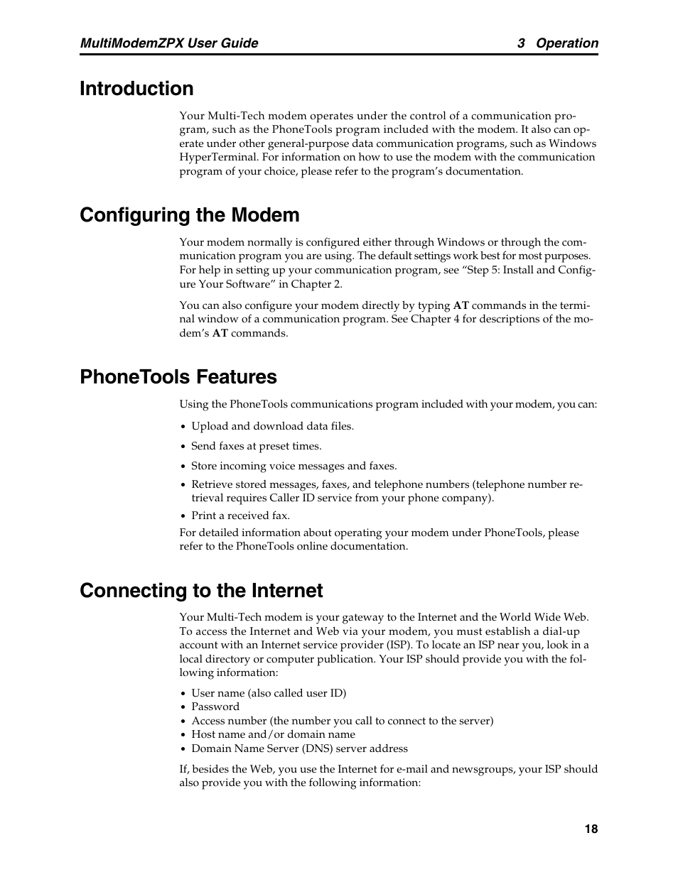 Chapter 3: operation, Introduction, Configuring the modem | Phonetools features, Connecting to the internet | Multi-Tech Systems MT5634ZPX-PCI-V92 User Manual | Page 23 / 85