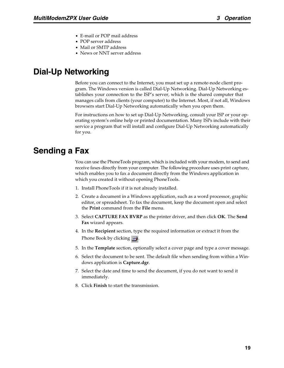 Dial-up networking, Sending a fax, Dial-up networking sending a fax | Multi-Tech Systems MT5634ZPX-PCI-V92 User Manual | Page 24 / 85