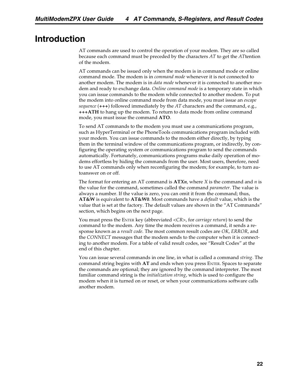 Chapter 4: at commands, s-registers & result codes, Introduction | Multi-Tech Systems MT5634ZPX-PCI-V92 User Manual | Page 27 / 85