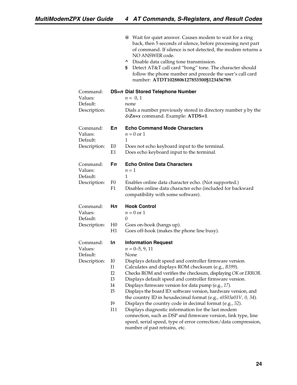 4 at commands, s-registers, and result codes, Multimodemzpx user guide | Multi-Tech Systems MT5634ZPX-PCI-V92 User Manual | Page 29 / 85