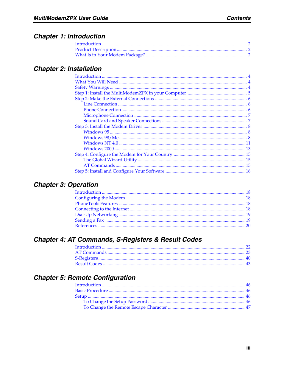 Chapter 1: introduction, Chapter 2: installation, Chapter 3: operation | Chapter 4: at commands, s-registers & result codes, Chapter 5: remote configuration | Multi-Tech Systems MT5634ZPX-PCI-V92 User Manual | Page 3 / 85