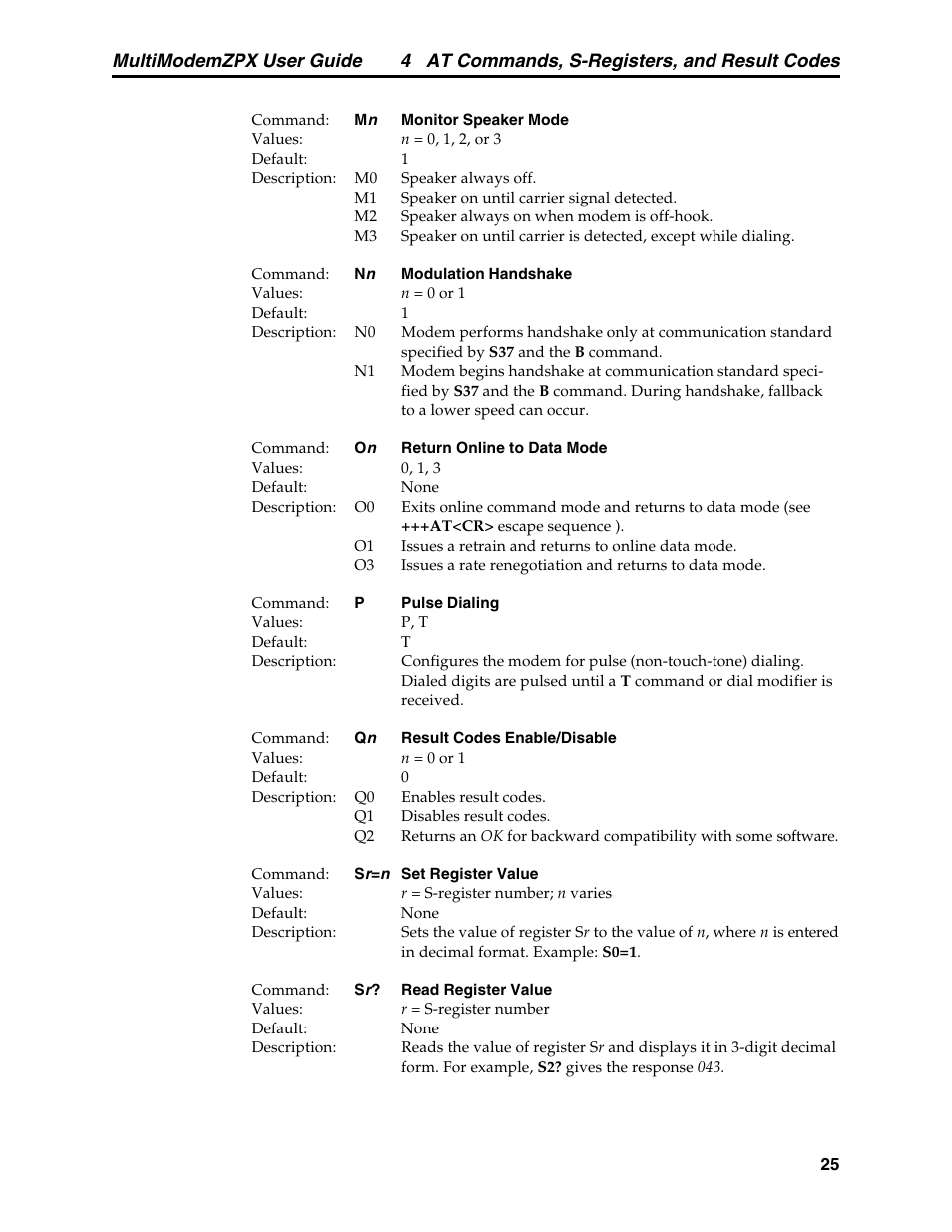 4 at commands, s-registers, and result codes, Multimodemzpx user guide | Multi-Tech Systems MT5634ZPX-PCI-V92 User Manual | Page 30 / 85