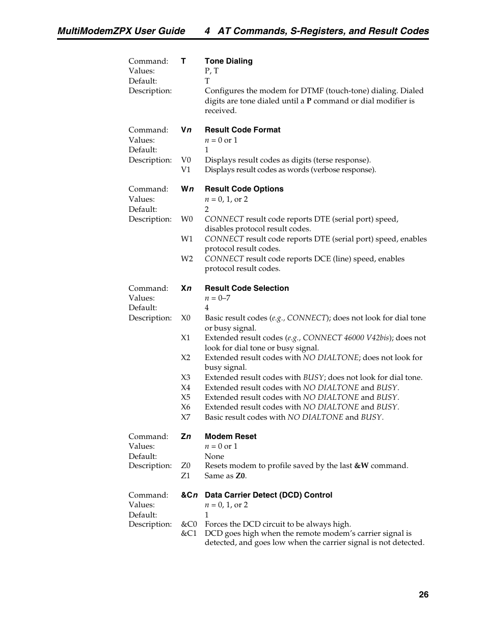 4 at commands, s-registers, and result codes, Multimodemzpx user guide | Multi-Tech Systems MT5634ZPX-PCI-V92 User Manual | Page 31 / 85