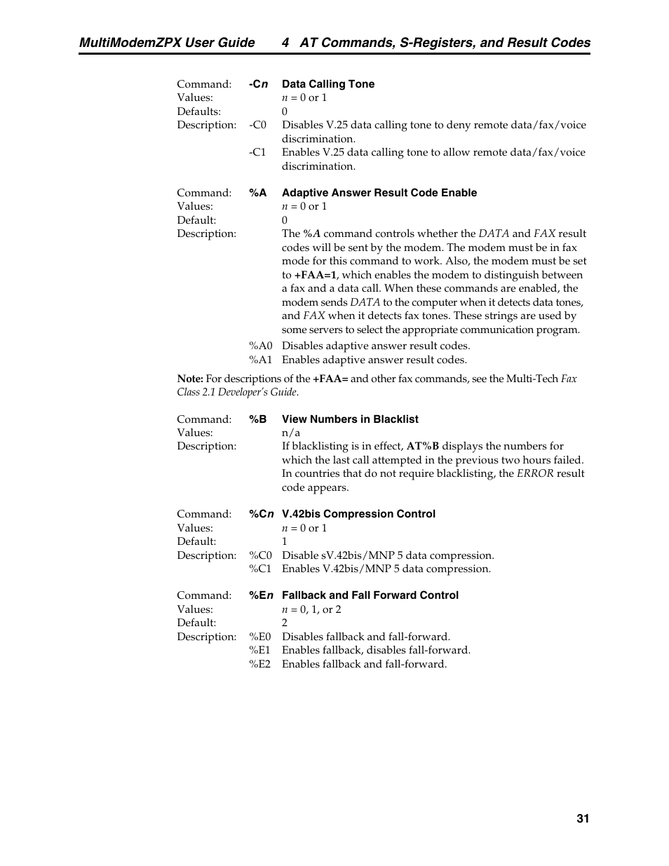 4 at commands, s-registers, and result codes, Multimodemzpx user guide | Multi-Tech Systems MT5634ZPX-PCI-V92 User Manual | Page 36 / 85