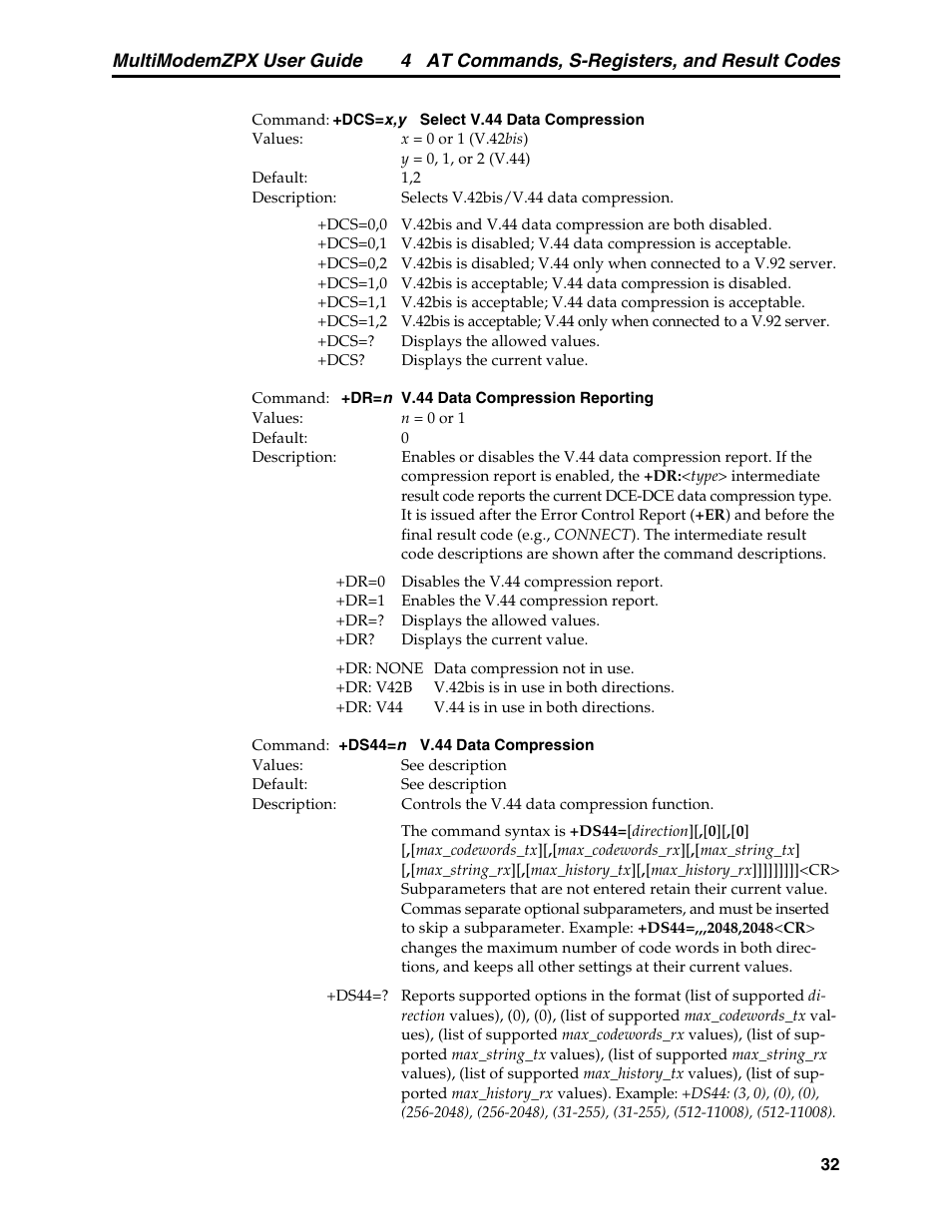 4 at commands, s-registers, and result codes, Multimodemzpx user guide | Multi-Tech Systems MT5634ZPX-PCI-V92 User Manual | Page 37 / 85