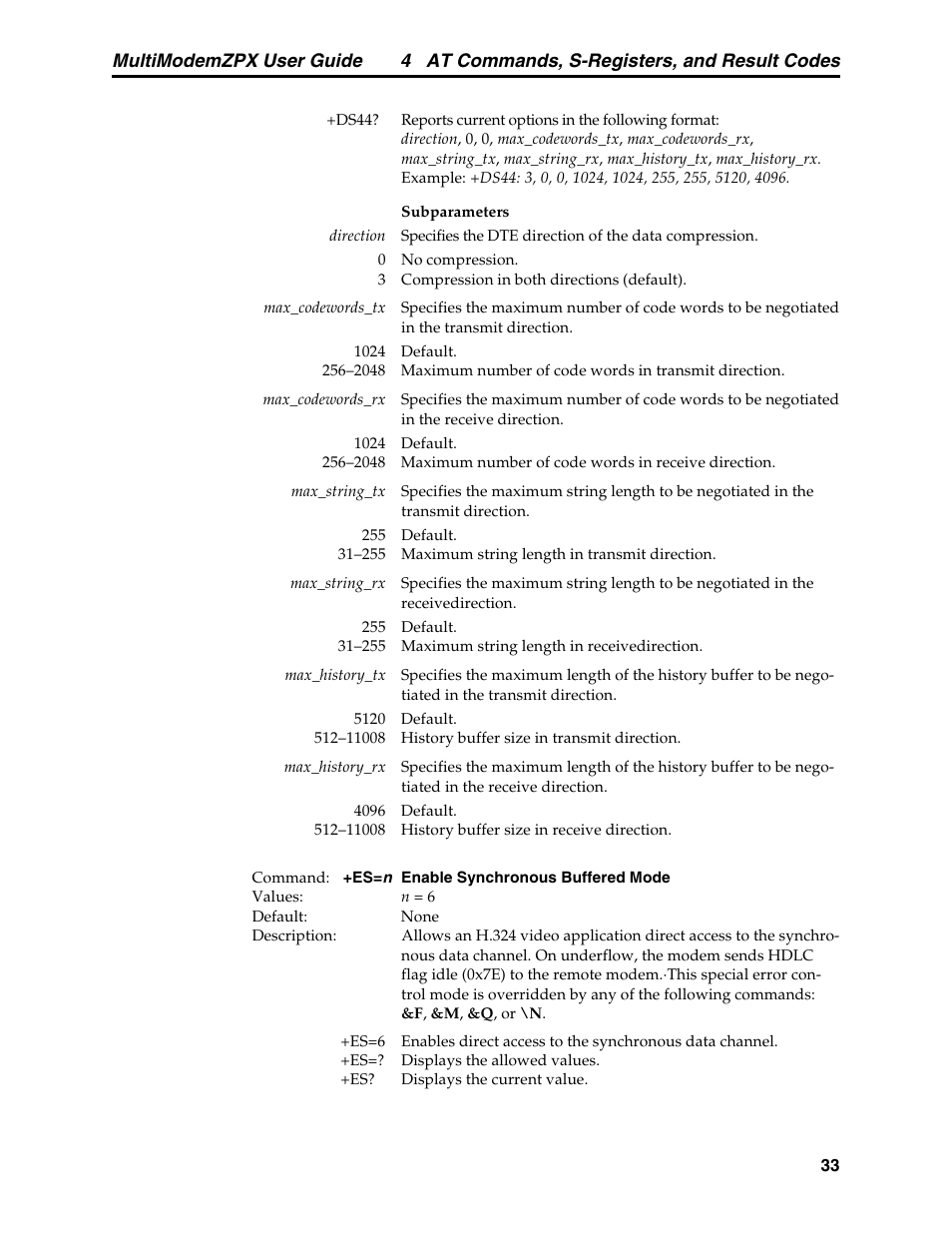 4 at commands, s-registers, and result codes, Multimodemzpx user guide | Multi-Tech Systems MT5634ZPX-PCI-V92 User Manual | Page 38 / 85
