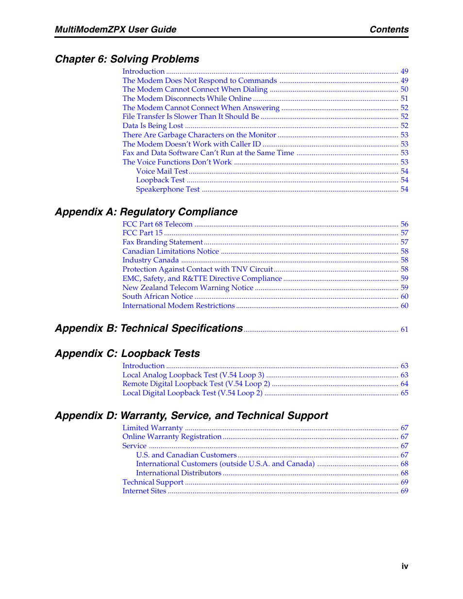 Chapter 6: solving problems, Appendix a: regulatory compliance, Appendix b: technical specifications | Appendix c: loopback tests | Multi-Tech Systems MT5634ZPX-PCI-V92 User Manual | Page 4 / 85