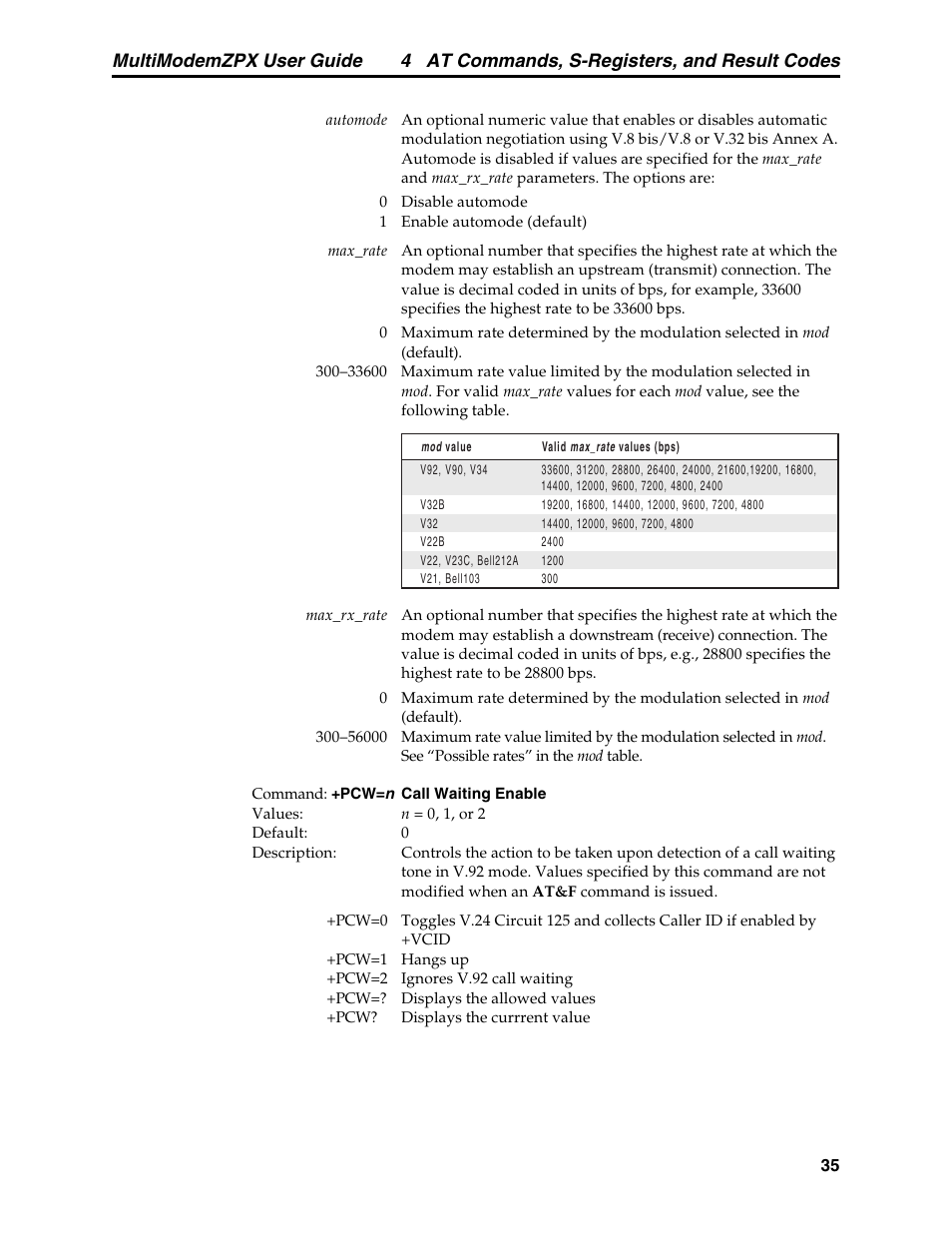 4 at commands, s-registers, and result codes, Multimodemzpx user guide | Multi-Tech Systems MT5634ZPX-PCI-V92 User Manual | Page 40 / 85