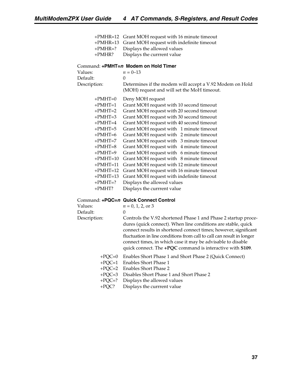 4 at commands, s-registers, and result codes, Multimodemzpx user guide | Multi-Tech Systems MT5634ZPX-PCI-V92 User Manual | Page 42 / 85