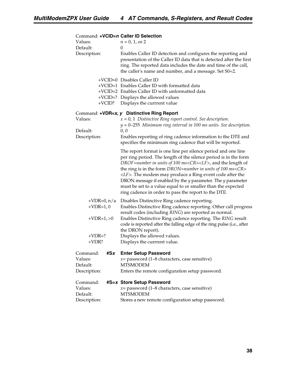 4 at commands, s-registers, and result codes, Multimodemzpx user guide | Multi-Tech Systems MT5634ZPX-PCI-V92 User Manual | Page 43 / 85