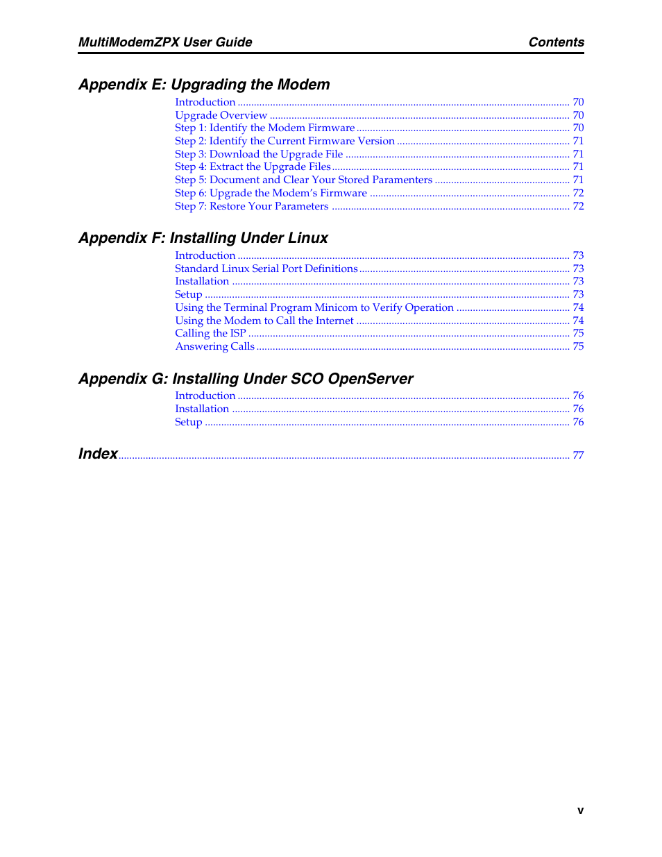 Appendix e: upgrading the modem, Appendix f: installing under linux, Appendix g: installing under sco openserver | Index | Multi-Tech Systems MT5634ZPX-PCI-V92 User Manual | Page 5 / 85