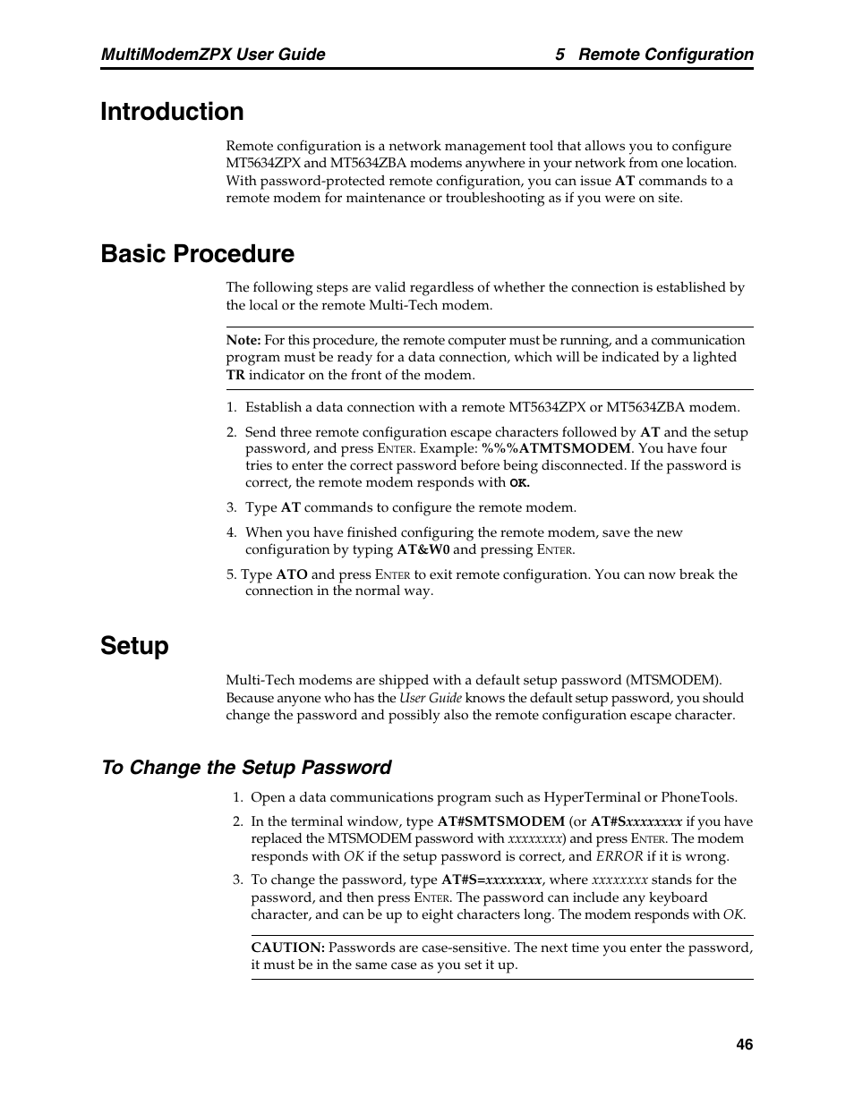 Chapter 5: remote configuration, Introduction, Basic procedure | Setup, To change the setup password, Introduction basic procedure setup | Multi-Tech Systems MT5634ZPX-PCI-V92 User Manual | Page 51 / 85