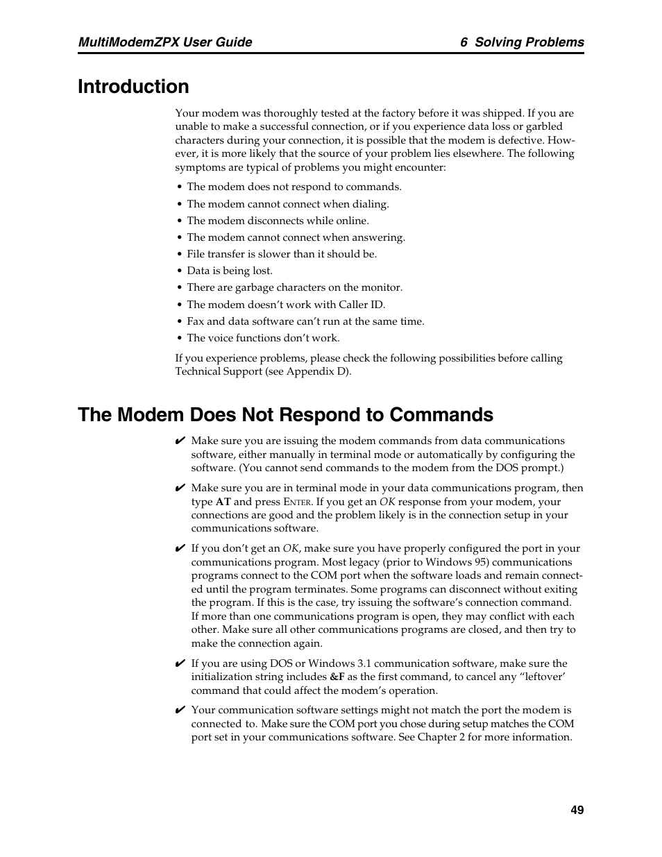 Chapter 6: solving problems, Introduction, The modem does not respond to commands | Multi-Tech Systems MT5634ZPX-PCI-V92 User Manual | Page 54 / 85