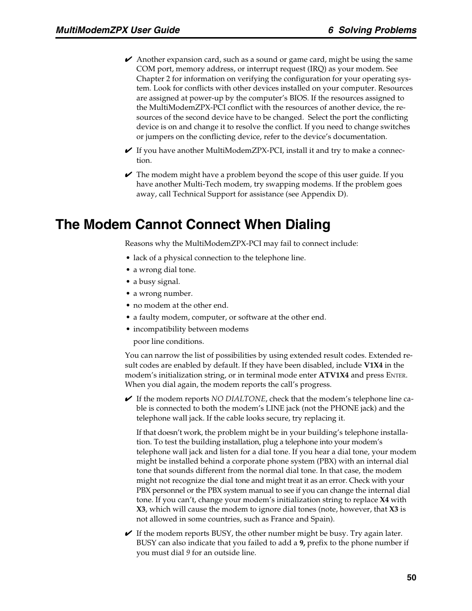 The modem cannot connect when dialing, The modem cannot connect, When dialing | Multi-Tech Systems MT5634ZPX-PCI-V92 User Manual | Page 55 / 85