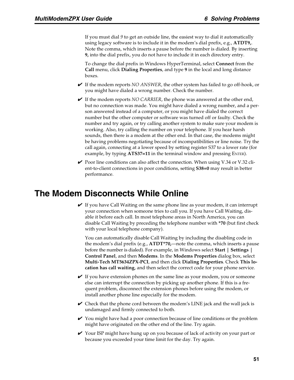 The modem disconnects while online, 6 solving problems, Multimodemzpx user guide | Multi-Tech Systems MT5634ZPX-PCI-V92 User Manual | Page 56 / 85