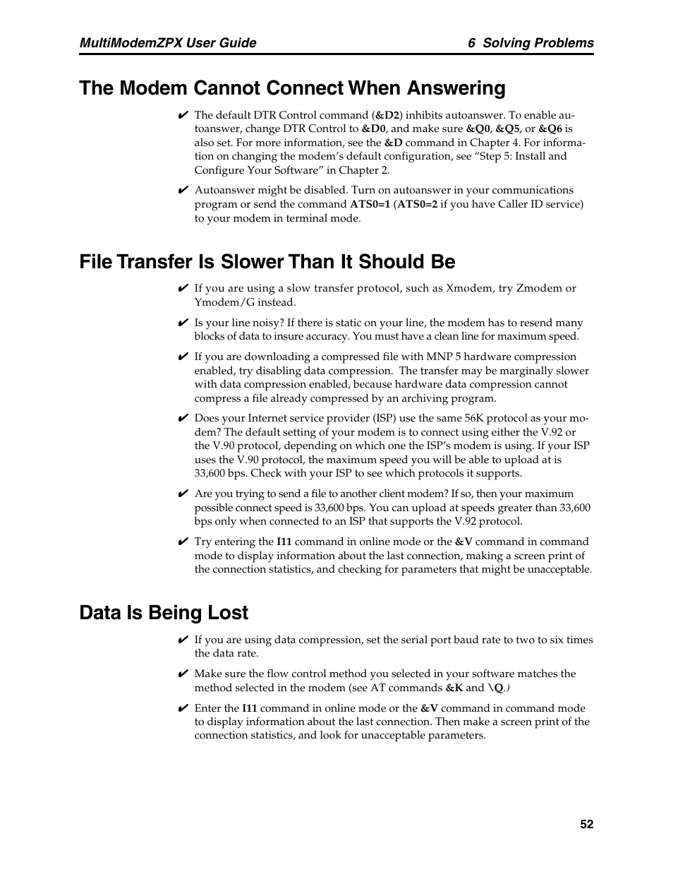 The modem cannot connect when answering, File transfer is slower than it should be, Data is being lost | Multi-Tech Systems MT5634ZPX-PCI-V92 User Manual | Page 57 / 85