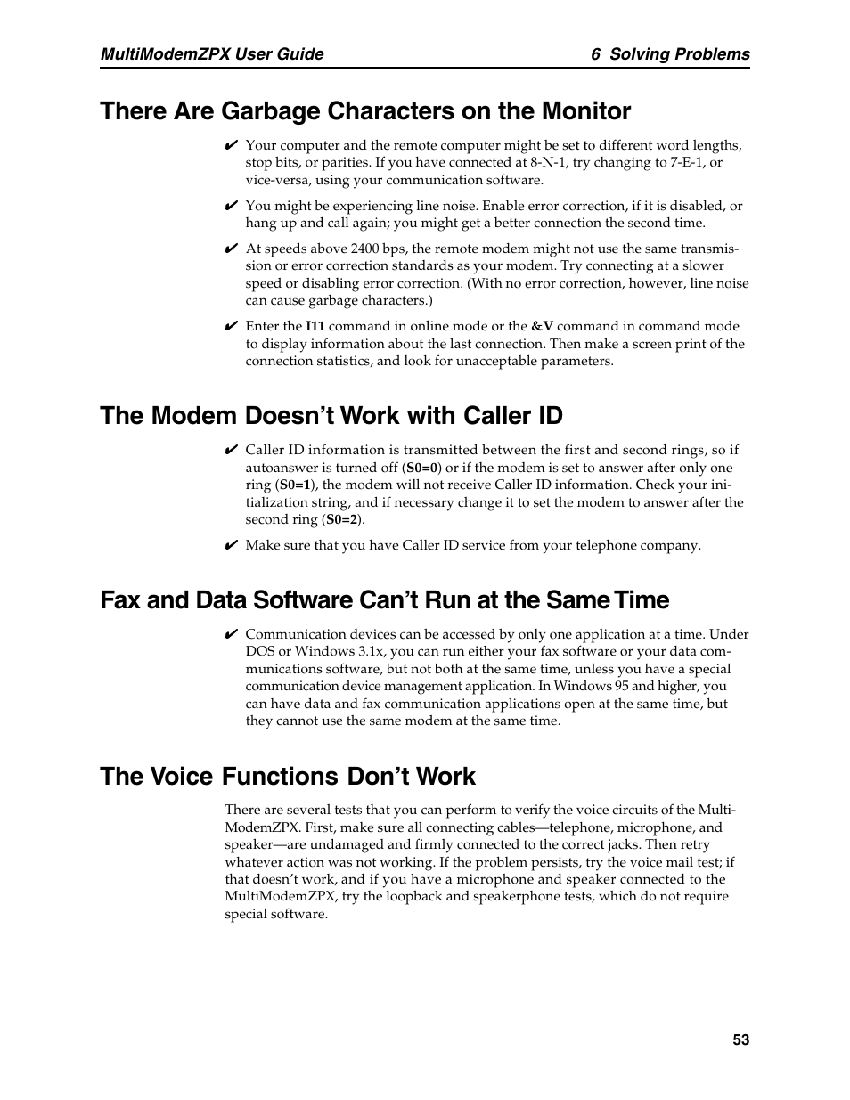 There are garbage characters on the monitor, The modem doesn't work with caller id, Fax and data software can't run at the same time | The voice functions don't work, The modem doesn’t work with caller id, Fax and data software can’t run at the same time, The voice functions don’t work | Multi-Tech Systems MT5634ZPX-PCI-V92 User Manual | Page 58 / 85