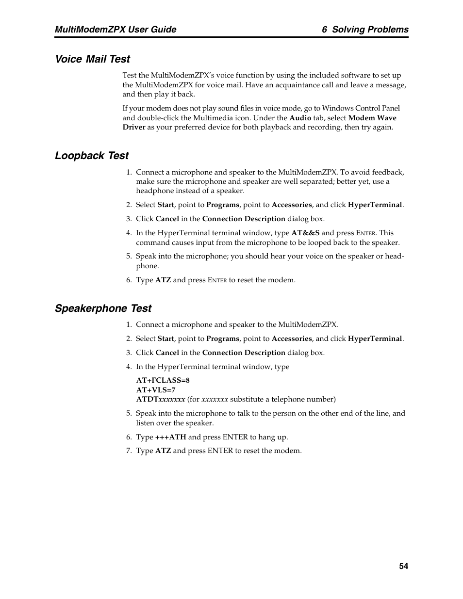 Voice mail test, Loopback test, Speakerphone test | Voice mail test loopback test speakerphone test | Multi-Tech Systems MT5634ZPX-PCI-V92 User Manual | Page 59 / 85