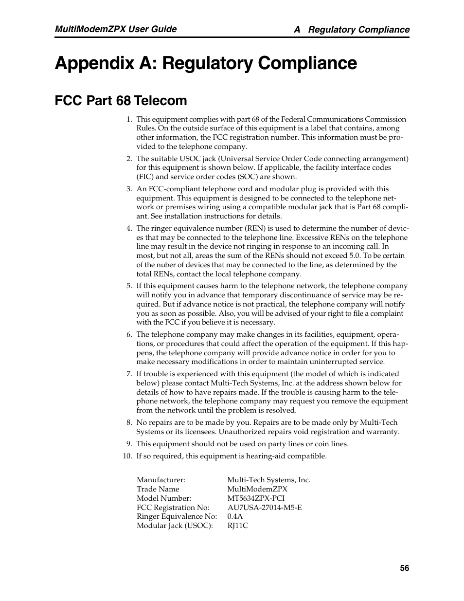 Appendix a: regulatory compliance, Fcc part 68 telecom | Multi-Tech Systems MT5634ZPX-PCI-V92 User Manual | Page 61 / 85